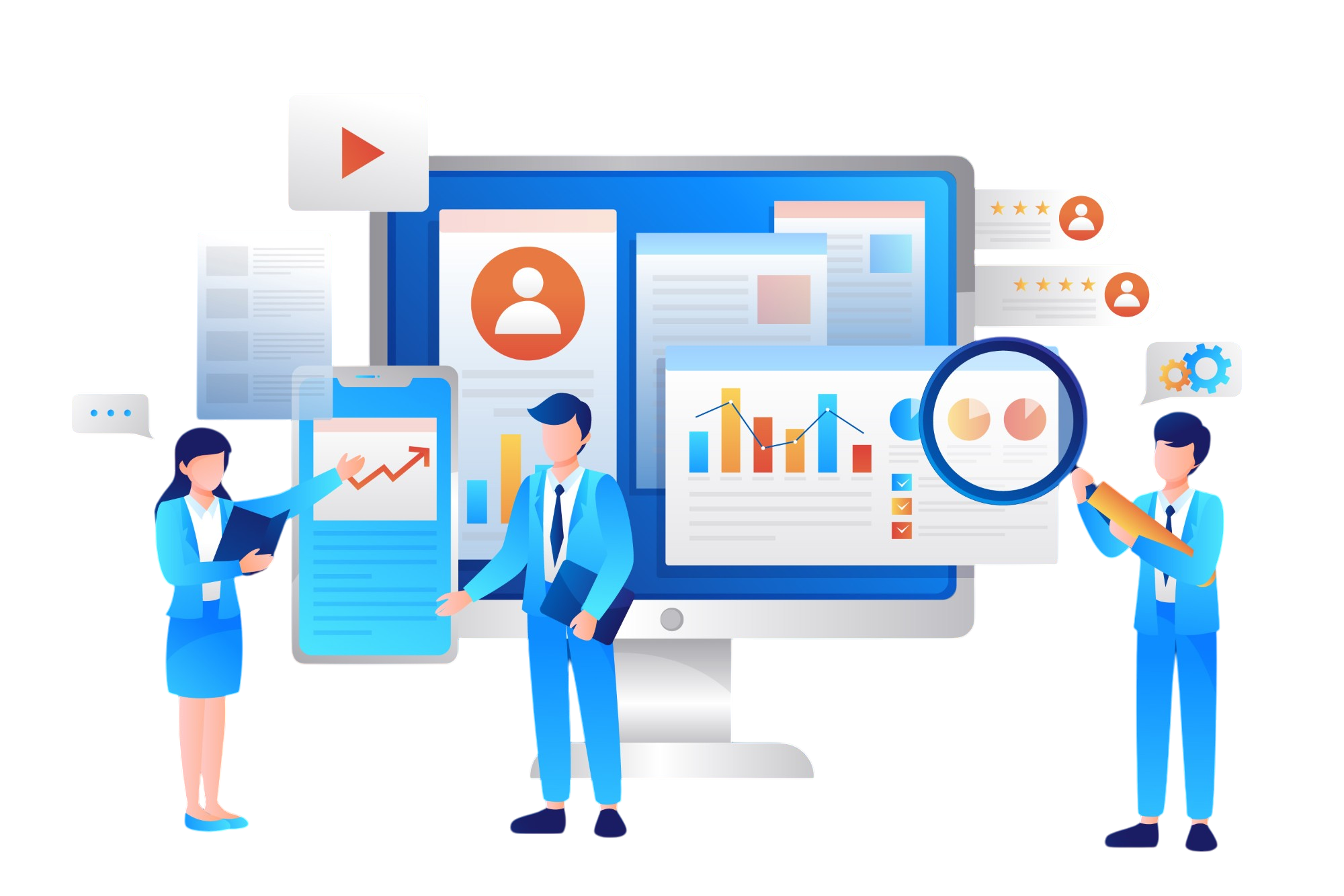 Illustration of people managing OnyxOS applications on a computer